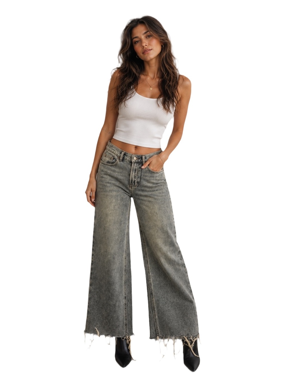 Wide-Leg Distressed Hem Women’s Jeans - Crop Wide Leg Light blue